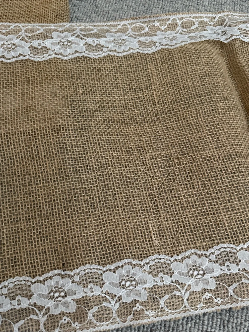 Burlap Table Runner with White Lace Trim - Rustic Home Dining Linen